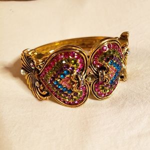 Vintage gold and multicolored rhinestone hinged decorative bangle cuff